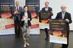 Pressekonferenz Lichtfest 2020, Bernhard Stief (Pfarrer Nikolaikirche), Marit Schulz (LTM), Burkhard Jung (OBM), Michael Kölsch (Stiftung Friedliche Revolution)