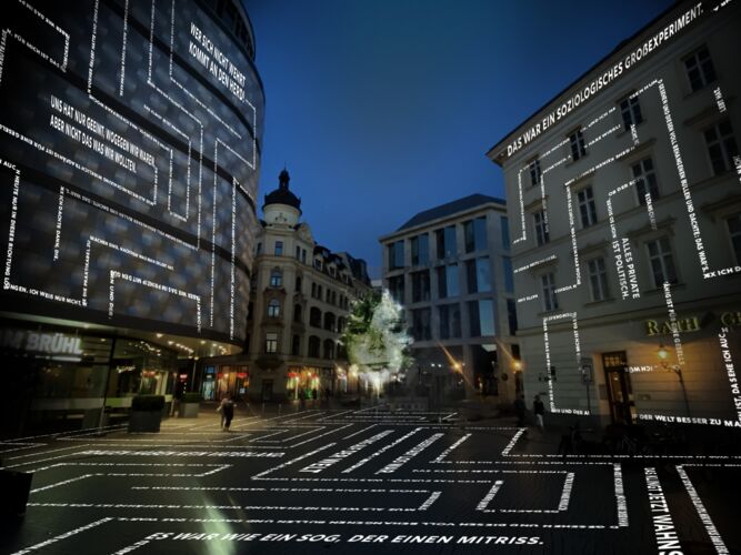"89 Stimmen" -  ein Lichtlabyrinth aus Textzitaten, das nur durch die Anwesenheit von BesucherInnen sichtbar wird