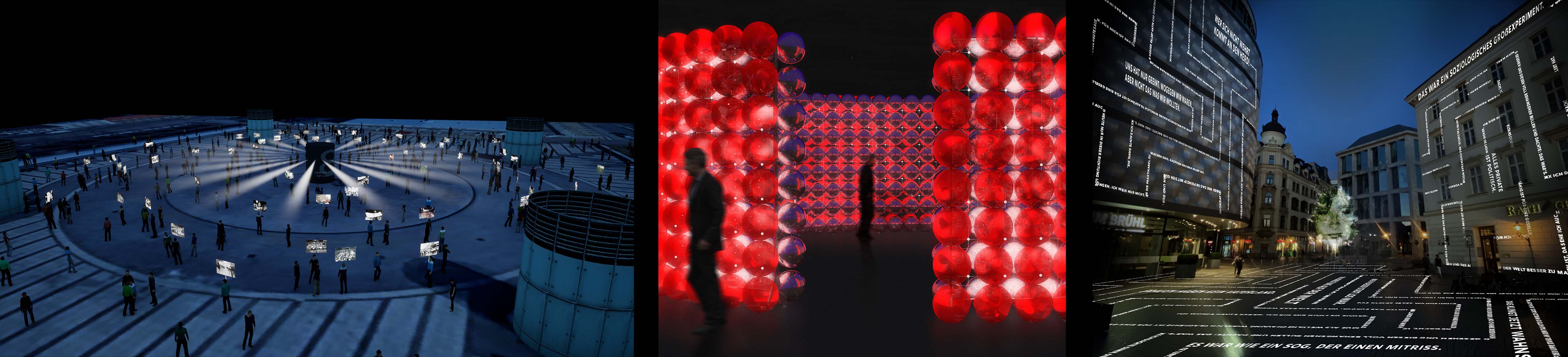 Das Lichtfest Leipzig 2021 mit drei Lichtinstallationen innerhalb des Rings.